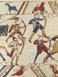 Normandiska bågskyttar förbereder sig för striden mot den engelska armén, Bayeux Tapestry